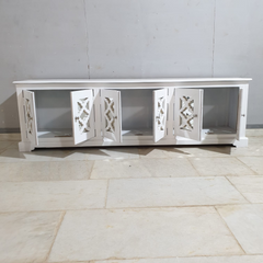 Handmade Indian Furniture Solid Hard Wood TV Unit with 6 Mirror Doors All White 200x40x60Cm