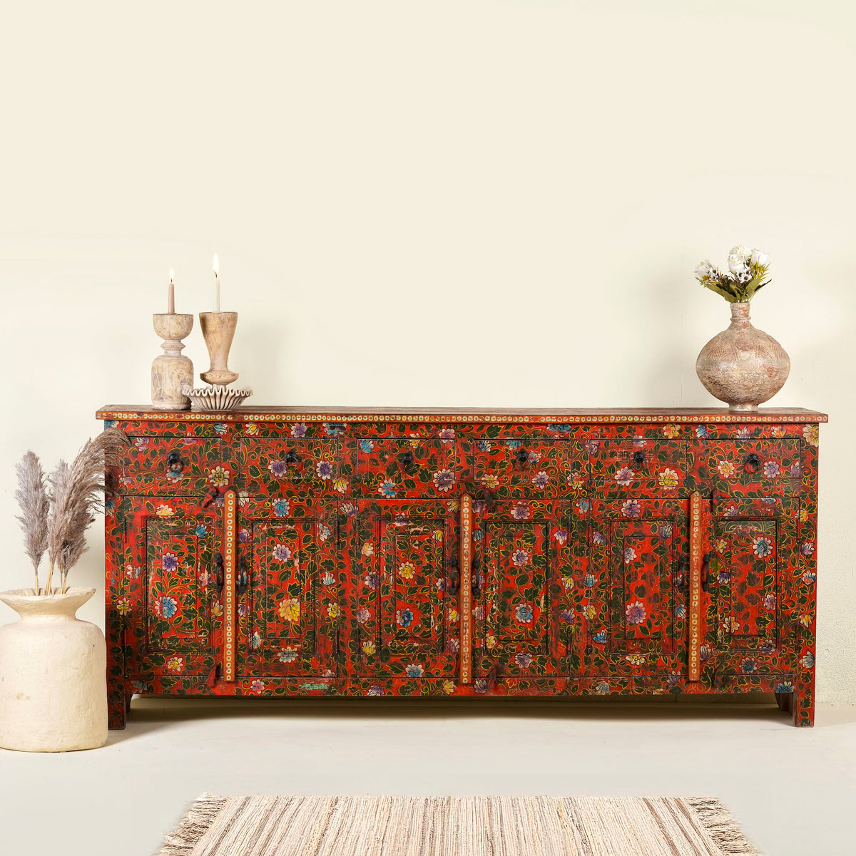 Pandora Indian Floral Hand Painted Solid Wood Sideboard