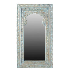 Mehrab Indian Hand Carved Mirror Arched Globe Wooden Wall Decor 200x100cm Blue  -  