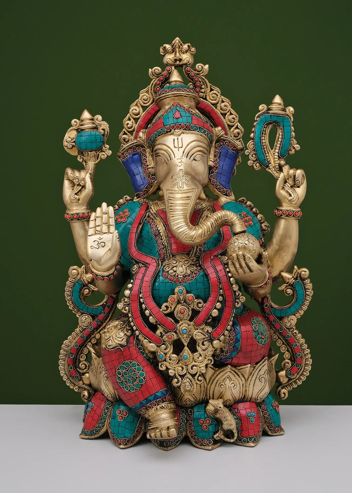 Indian Lord Ganesha Handmade Brass Statue With Inlay Work