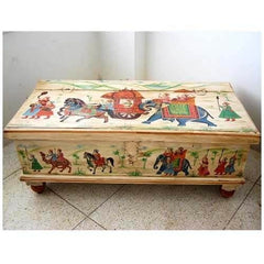 Mughal Hand Painted Indian Solid Wood Storage Trunk Box Coffee Table White