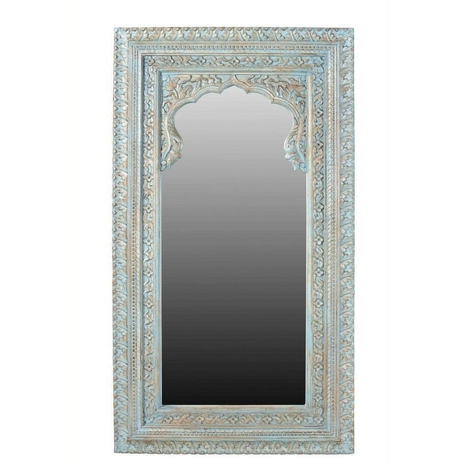 Mehrab Indian Hand Carved Mirror Arched Globe Wooden Wall Decor 150x80cm Blue  -  