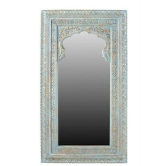 Mehrab Indian Hand Carved Mirror Arched Globe Wooden Wall Decor 150x80cm Blue  -  