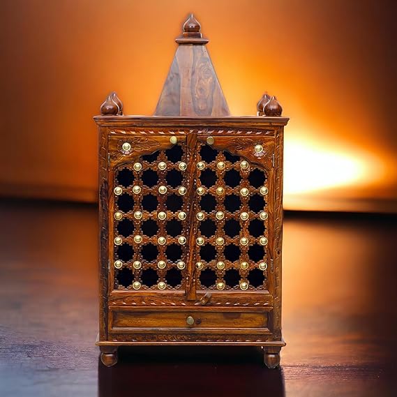 Heritage Heirlooms Handicraft Sheesham Wood Temple with Metal Work on Doors and Drawer Pooja Temple