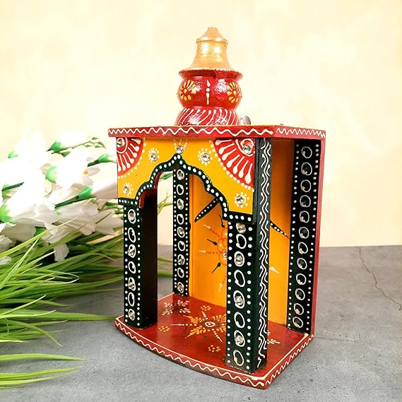 Handpainted Indian Home Decor Mango Wood Small Wall Mounted Home Temple