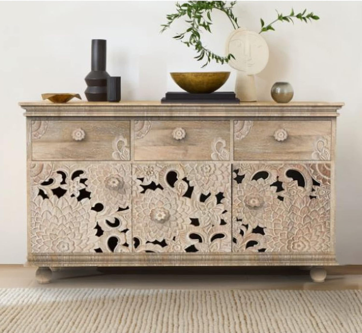 Corsica Premium Floral Hand-Carving Natural Sheesham Wood Sideboard Storage Cabinet & Chest Farmhouse White