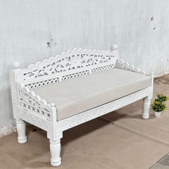 Indian Handmade Carved Solid Hard Wood Daybed Sofa with Mattress In All White 150x60x85Cm