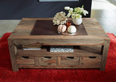 Gfine Coffee table with four drawers made of solid Sheesham wood 117x61x50Cm