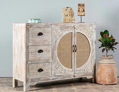 The Gileteen Wooden Carved Cabinet Distress White Finish