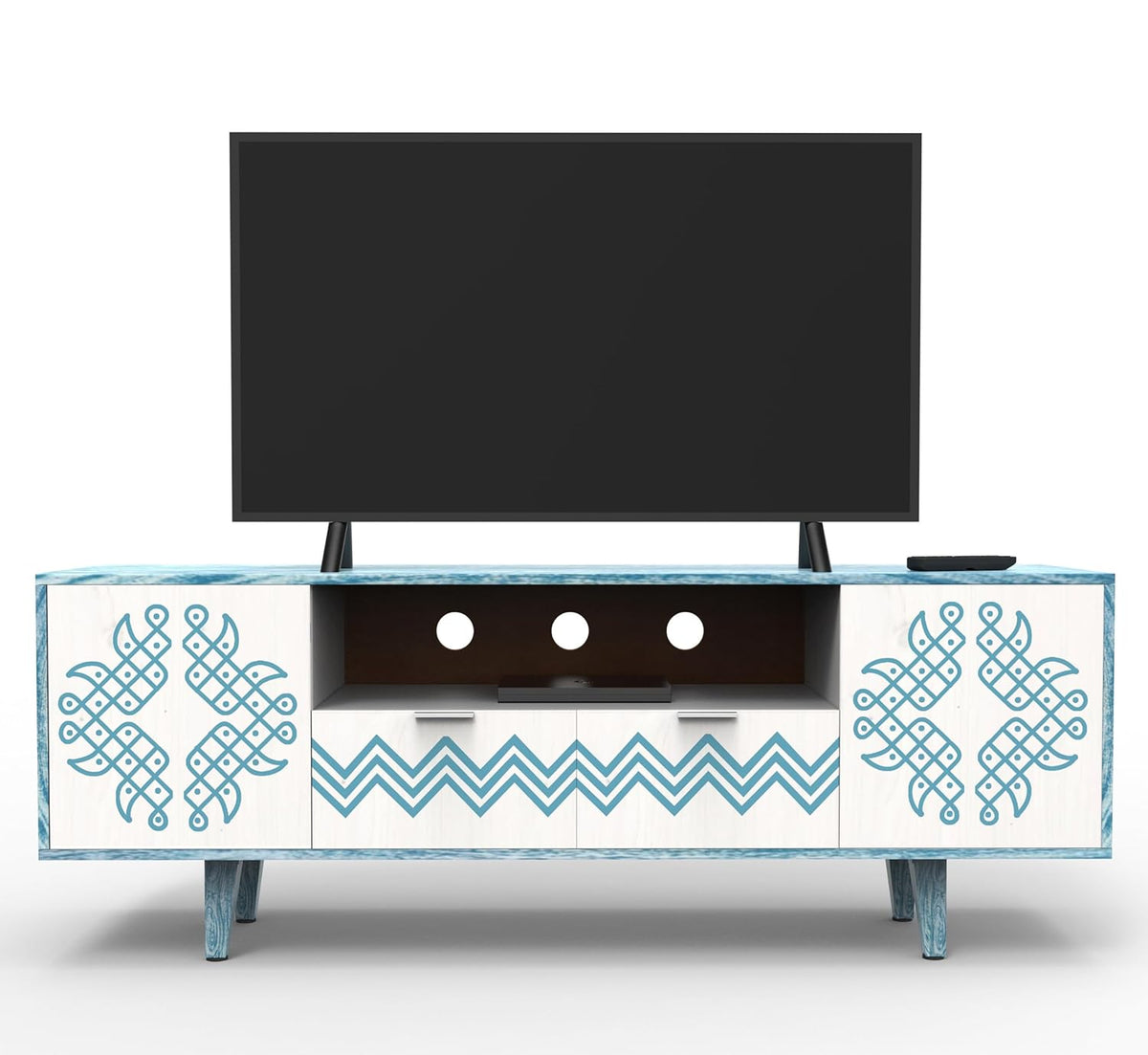 Corsica Verve Mango Wood  Console Movable TV Unit Textured White/Blue