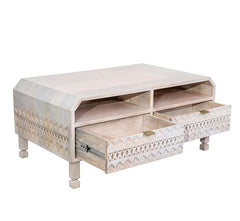 Corsica Solid Wood Coffee Table with Dust-Proof Storage with 4 Channeled Drawers White