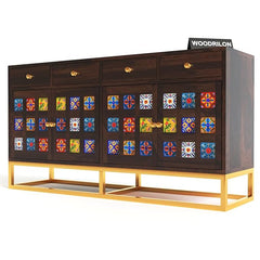 Moroccan Mosaic Handmade Mango Wood 2 Drawers and 4 Doors Sideboard In Walnut Finish