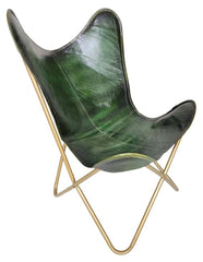 Aged Leather Metal Round Butterfly Chair in Green