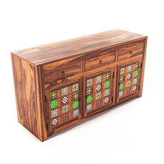 Moroccan Mosaic Handmade Mango Wood Sideboard with Colorful Tiles In Brown