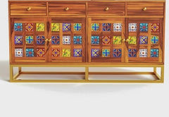 Moroccan Mosaic Handmade Mango Wood Sideboard On Stand in Honey Finish