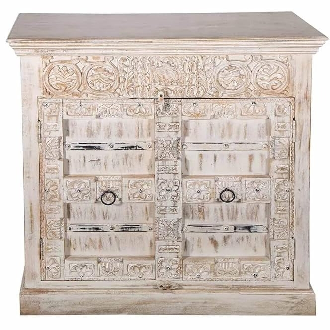 The Gileteen Solid Hard Wood Carved Cabinet White Finish