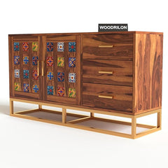 Moroccan Mosaic Handmade Mango Wood 3 Drawers and 2 Doors Sideboard In Honey Finish