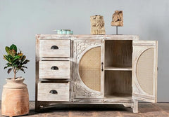 The Gileteen Wooden Carved Cabinet Distress White Finish