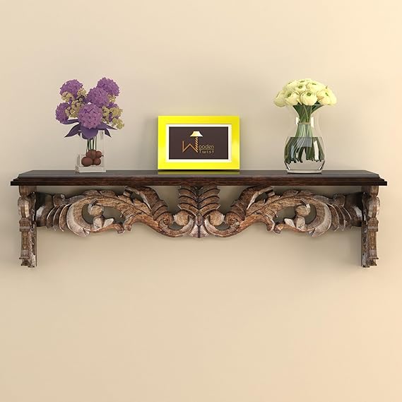 Hand Carved Wood Lacquered Wall Decor Shelf for Living Room (Brown)