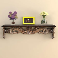 Hand Carved Wood Lacquered Wall Decor Shelf for Living Room (Brown)