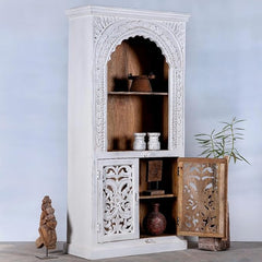 The Gileteen Carved Indian Handmade Wooden Carved Book case with White Distress Finish