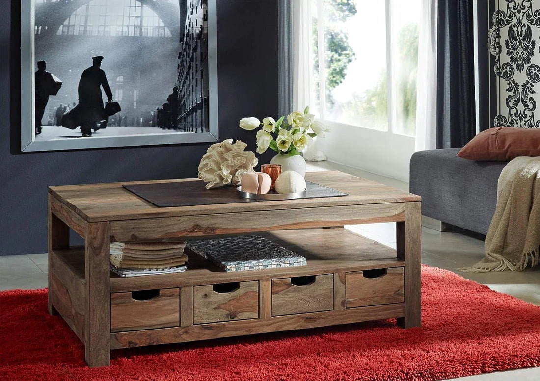 Gfine Coffee table with four drawers made of solid Sheesham wood 117x61x50Cm