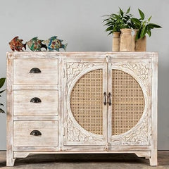 The Gileteen Wooden Carved Cabinet Distress White Finish