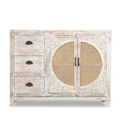 The Gileteen Wooden Carved Cabinet Distress White Finish