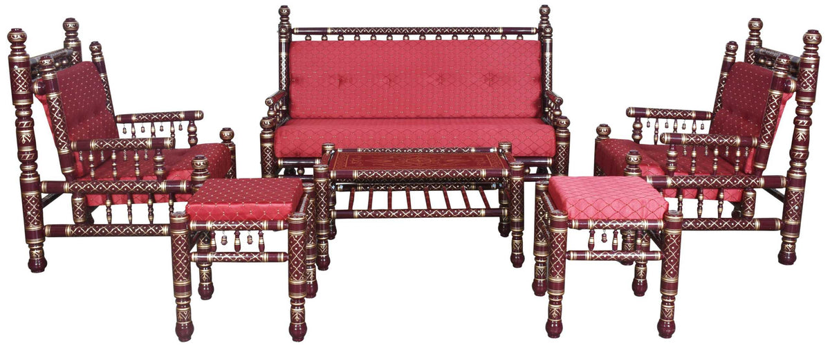 Heritage Indian Hand Carved Painted 6 pcs Sofa & Chair Set