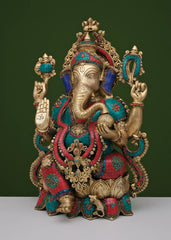 Indian Lord Ganesha Handmade Brass Statue With Inlay Work