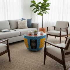 Indian Hand Painted Solid Wood Drum Coffee Table C153