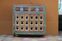 Mughal Hand Painted Solid Wood Ethnic Carved Jharokha Door Cabinet D133