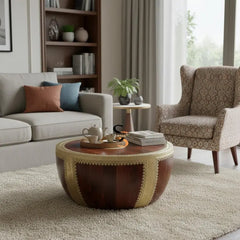 Indian Hand Carved Drum Brass Work Solid Wood Coffee Table C135