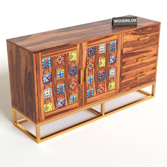 Moroccan Mosaic Handmade Mango Wood 3 Drawers and 2 Doors Sideboard In Honey Finish