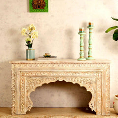 Mehrab Wooden Carved Entryway Console Table Cream