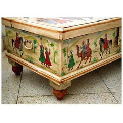 Mughal Hand Painted Indian Solid Wood Storage Trunk Box Coffee Table White