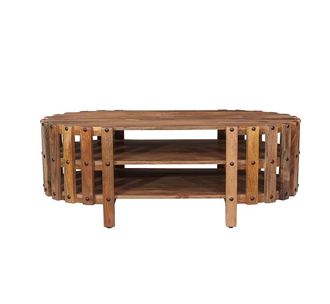 Corsica Oval Semi-Enclosed Solid Wood Coffee Table 2-Tier Storage Shelving Brown