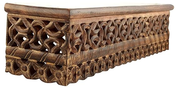 Hand Carved Wood Wall Decor Floating Shelf for Living Room Walnut Color