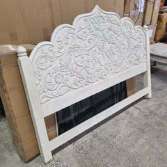 Handmade Indian Furniture Solid Hard Wood Bedhead in White Mehrab Style