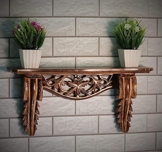 Hand Carved Wood Lacquered Wall Decor Shelf for Living Room (Brown)