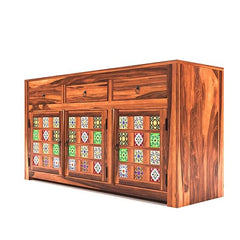 Moroccan Mosaic Handmade Mango Wood Sideboard with Colorful Tiles In Brown