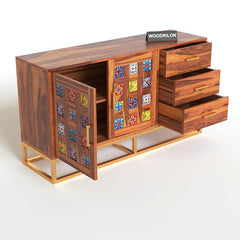 Moroccan Mosaic Handmade Mango Wood 3 Drawers and 2 Doors Sideboard In Honey Finish