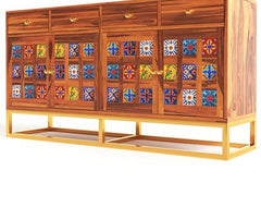 Moroccan Mosaic Handmade Mango Wood Sideboard On Stand in Honey Finish