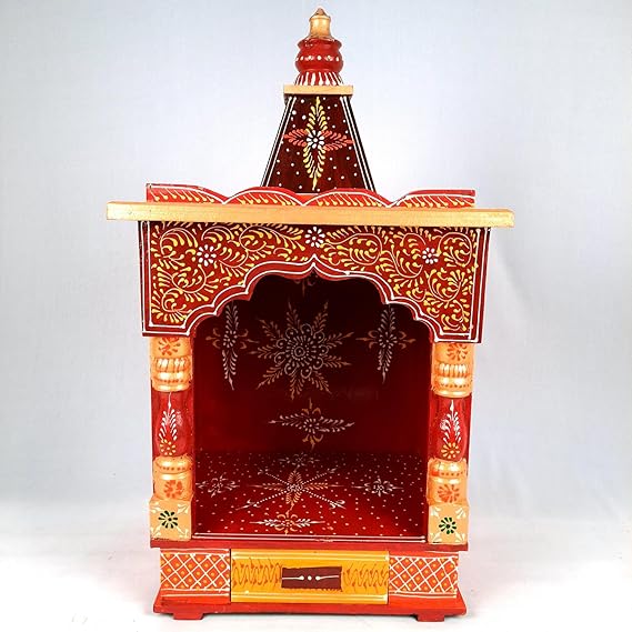 Handpainted Indian Home Decor Mango Wood Small Wall Mounted Home Temple with Detachable Gumbad