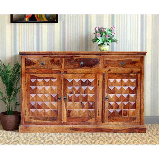 Solid Sheesham Wood Diamond Design Sideboard 3 Door 3 Drawer