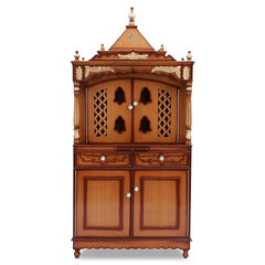 Handmade Home Decor Sheesham Wood Home Temple with 2 Drawers in Teak Gold Finish