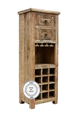 Indian Hand Carved Solid Wood Bar Cabinet Bottle Wrack Natural