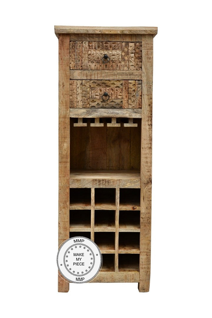 Indian Hand Carved Solid Wood Bar Cabinet Bottle Wrack Natural