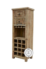 Indian Hand Carved Solid Wood Bar Cabinet Bottle Wrack Natural