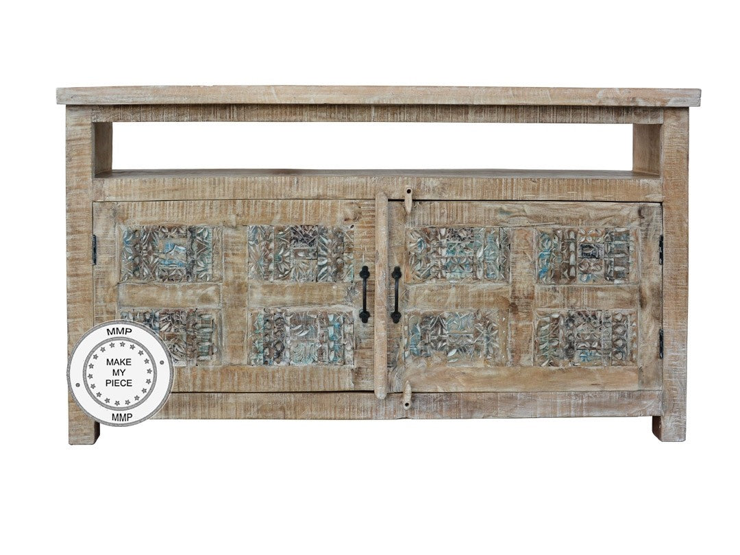 Yennora Indian Solid Wood TV Cabinet With Carved Doors